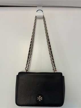 Tory Burch Black Pebbled Leather Chain Shoulder Bag with Gold-Tone Logo